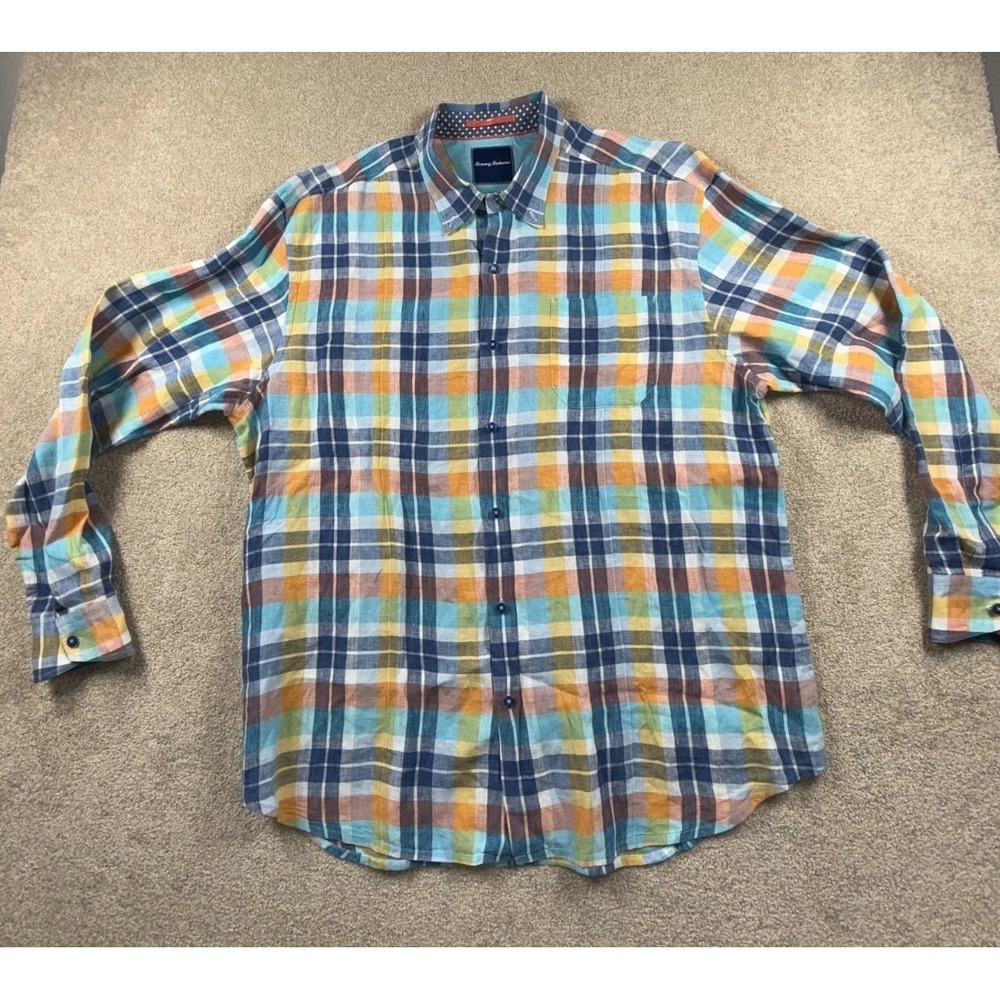 Tommy Bahama Shirt Mens XL Multicolor Plaid 100% Linen Travel Casual Button Up